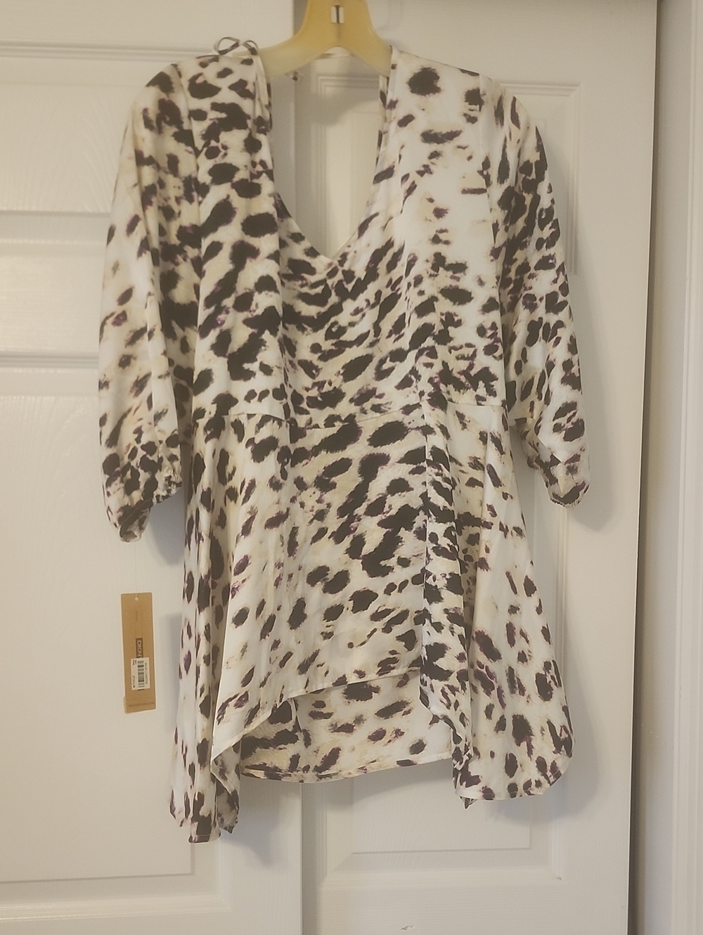 DKNY White and Brown Animal Print V-Neck Tunic